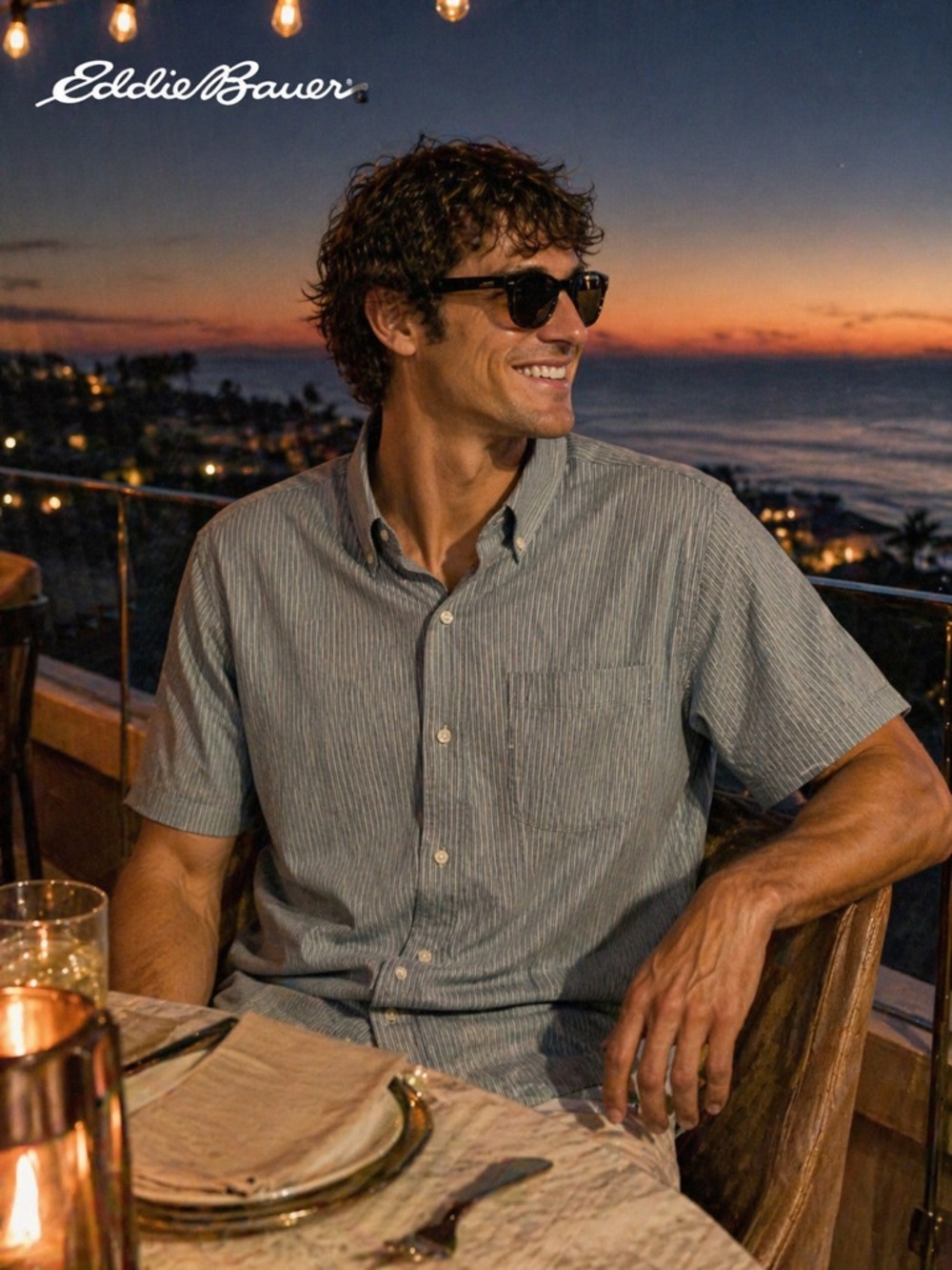 Eddie Bauer Short-Sleeve Slate Stripe Button-Down Shirt